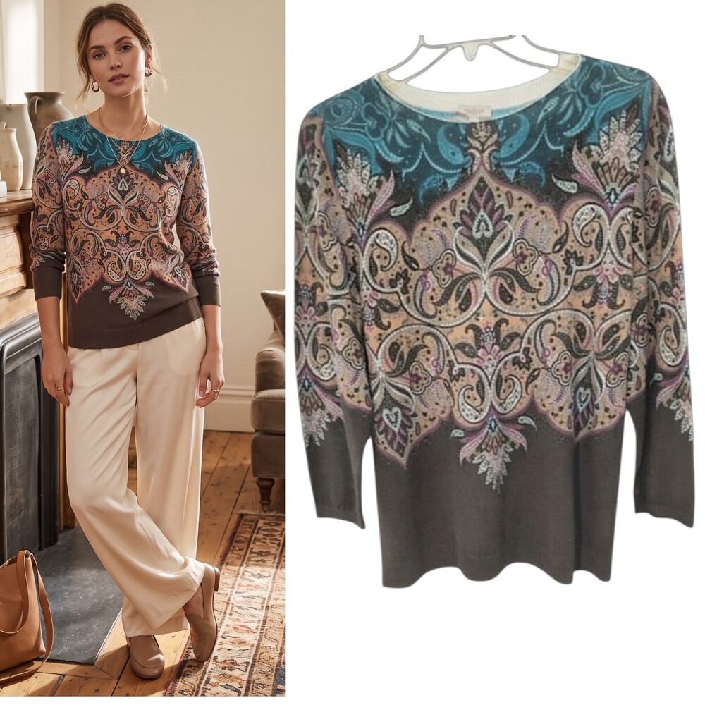 Talbots Touch of Cashmere Knit Sweater Top Wmn's Lp Multicolor Paisley Pullover